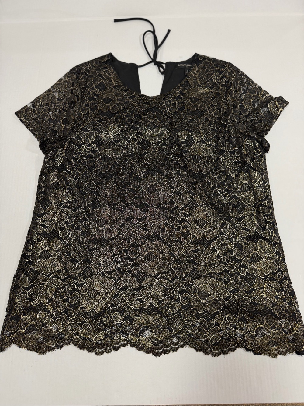 Banana Republic Black and Gold Lace Overlay Short Sleeve Blouse